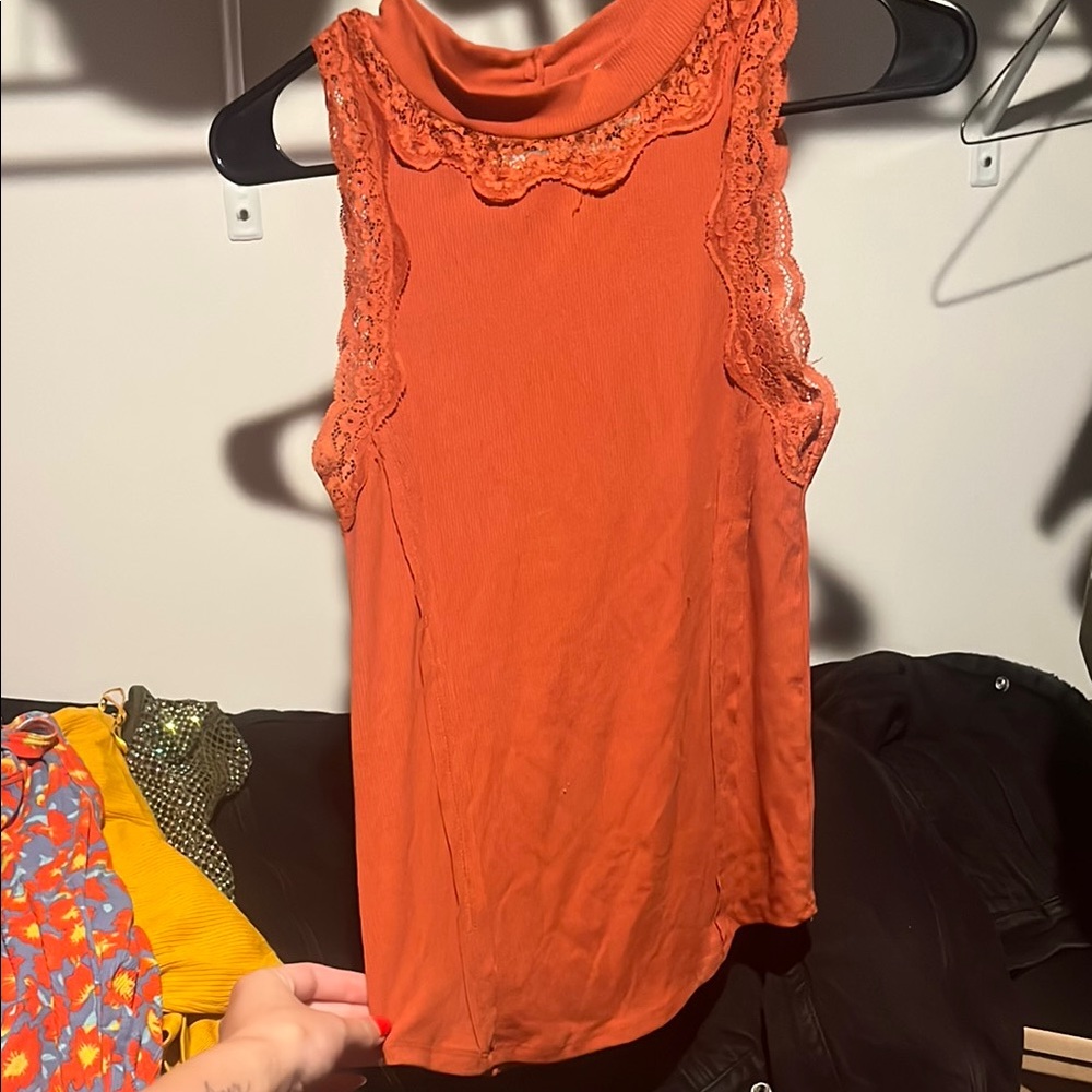 Orange Sleeveless Lace Trim Top